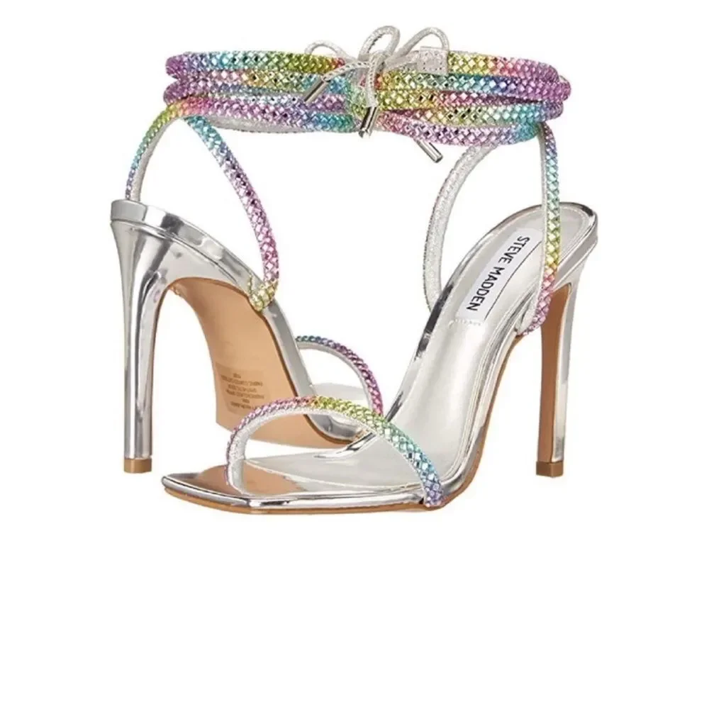 Steve Madden Uplift‑R Rainbow Rhinestone Wrap Heels – Silver – Size 9.5M
